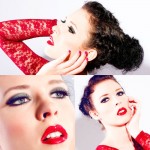 Collage Makup rote Lippen und Flechtfrisur